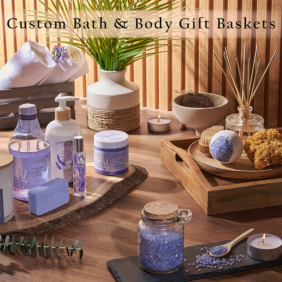 Custom Bath and Body Gift Baskets. Create a tailored gift filled with their favorite spa items, delicious treats, and optional bottles of wine or champagne - Los Angeles Baskets 