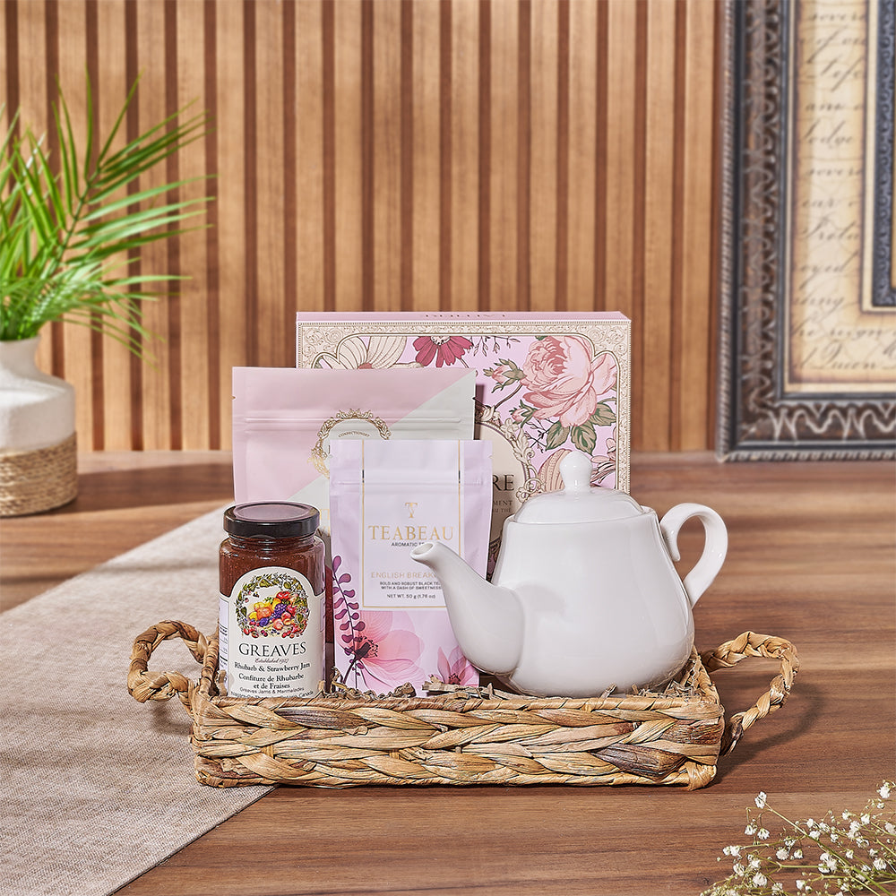 Laitière Gourmet Tea and Cookie Gift Basket with Teapot – gift basket with laitiere tea truffle assortment, laitiere white chocolate pink velvet