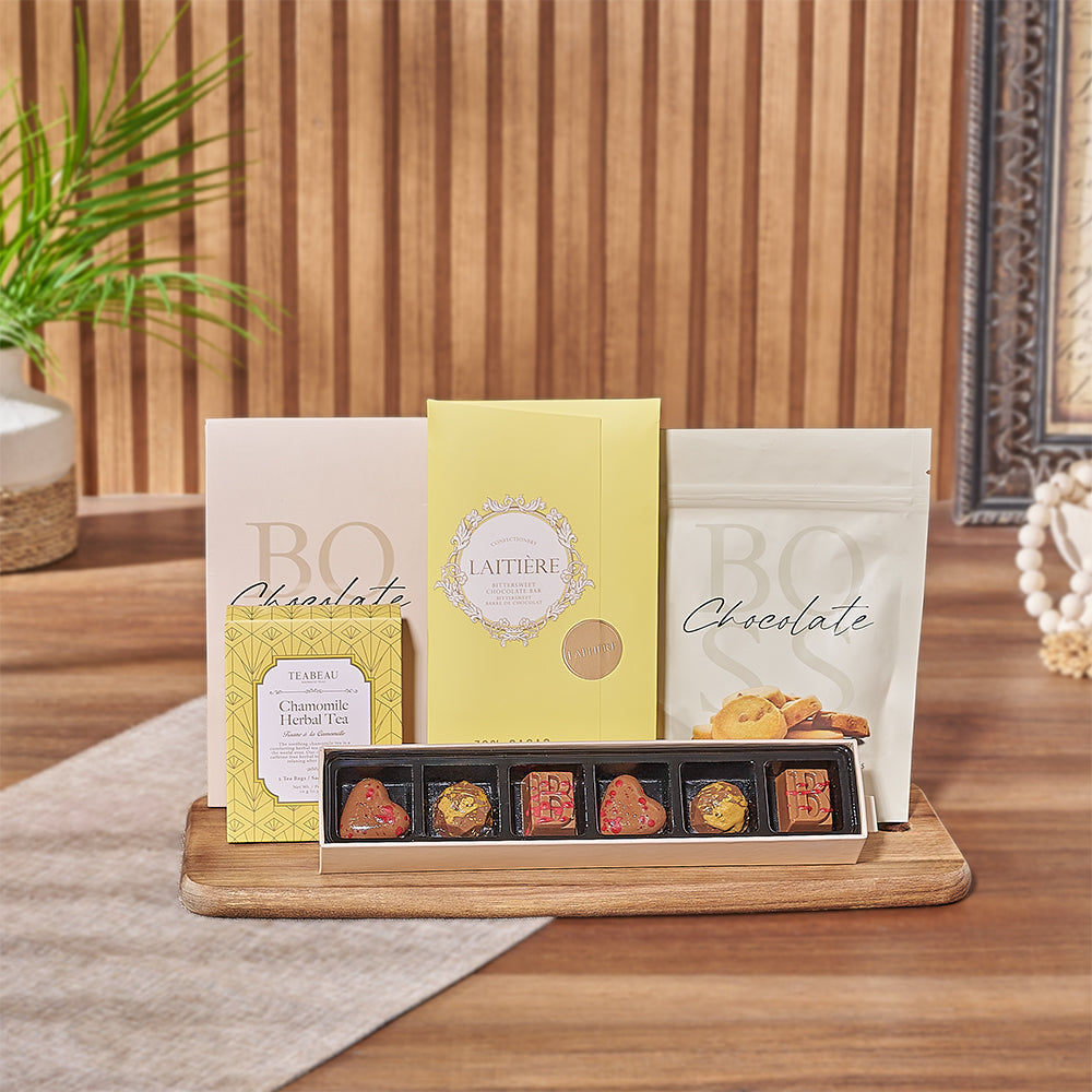 Gourmet Chocolate and Chamomile Tea Gift Basket with Wooden Serving Board – how the gift is presented