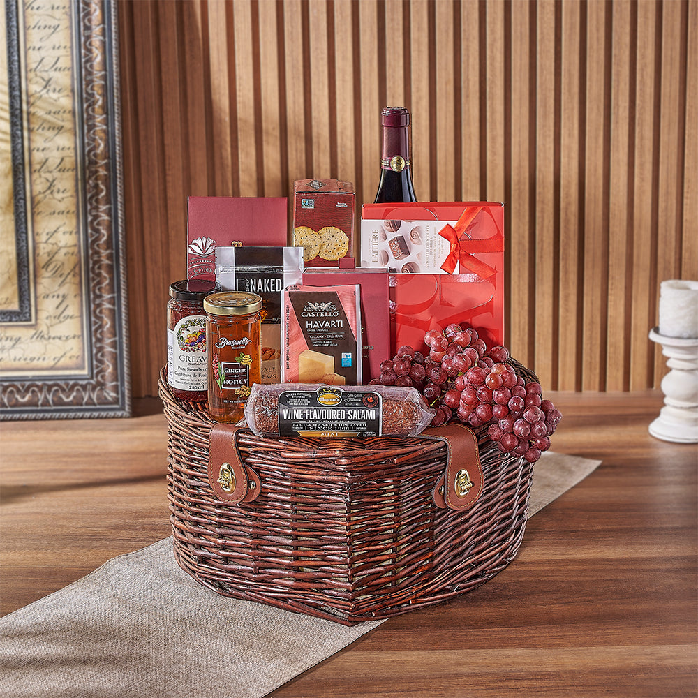 Romantic Heart-Shaped Picnic Basket with Wine and Gourmet Treats Gift Basket – how the gift is presented