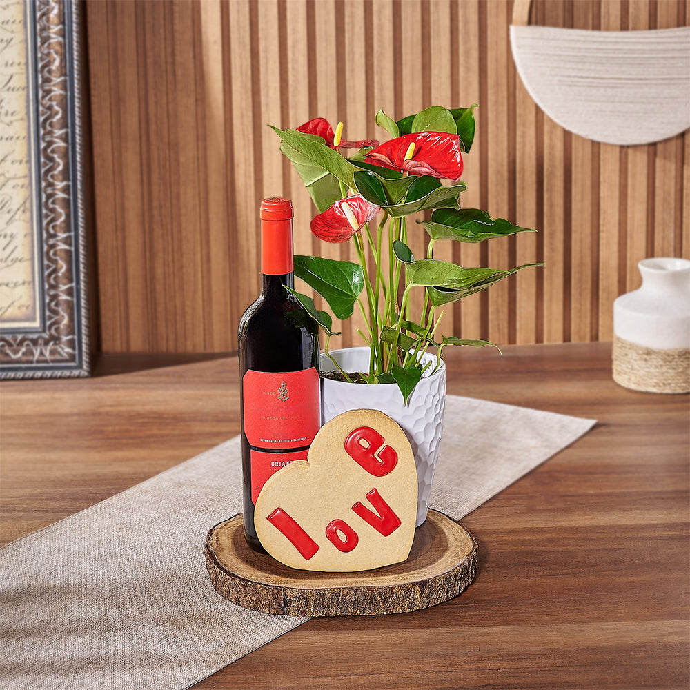 Valentine's Wine and Anthurium Gift – how the gift is presented