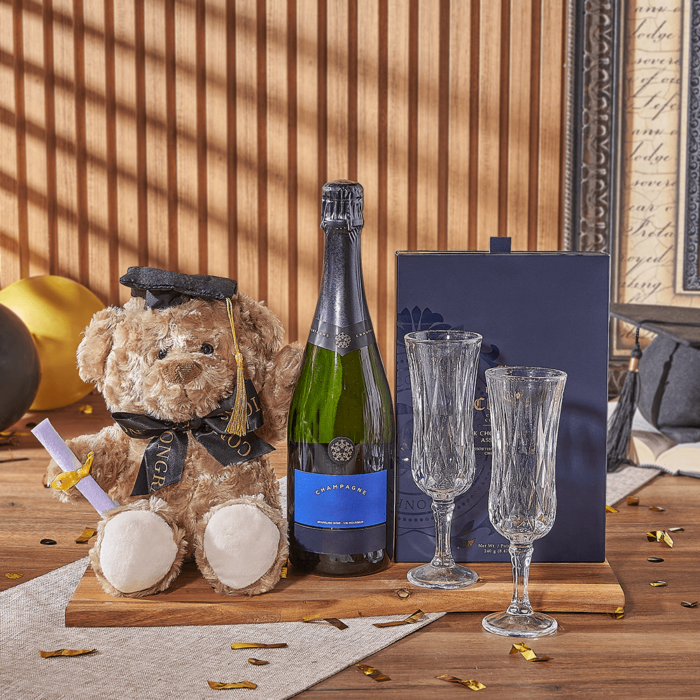 Premium Sparkling Wine and Gourmet Bruges Chocolates Gift Basket for Graduation – how the gift is presented