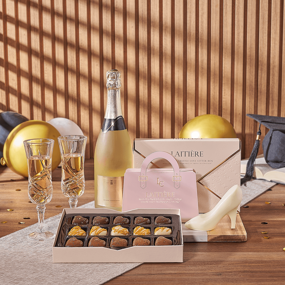Graduation Sparkling Wine Gift Basket Featuring Laitière Chocolates and Flutes – how the gift is presented