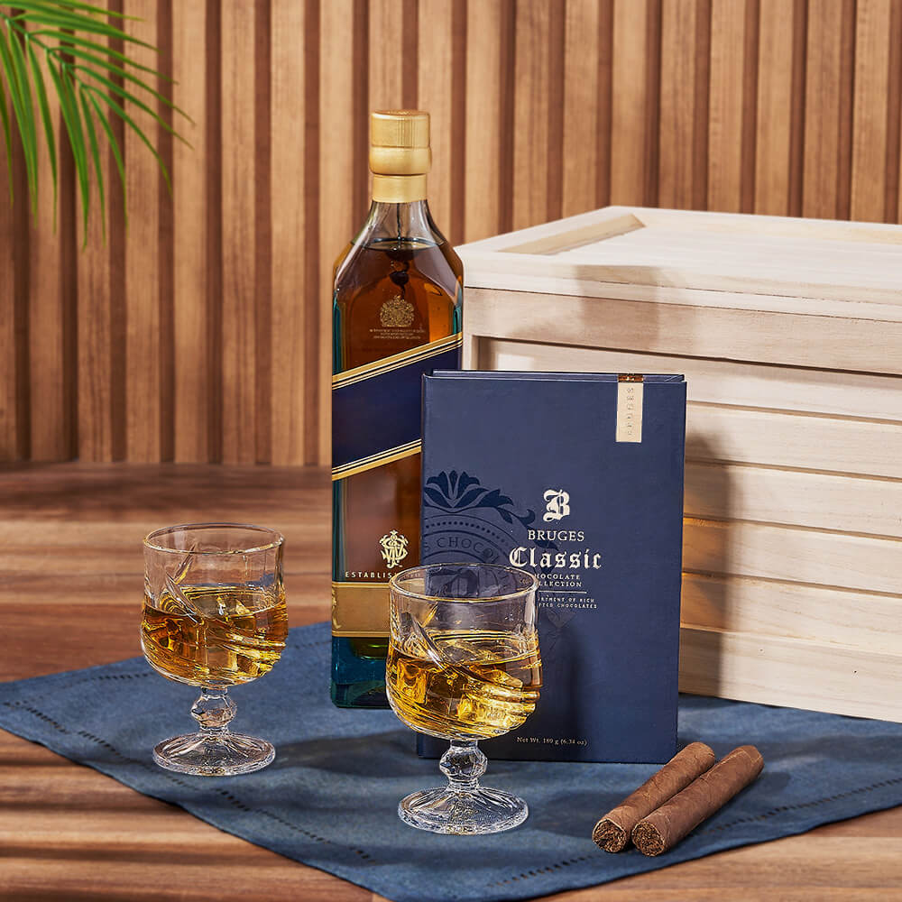 Whiskey Gift Basket Featuring Chocolates and Cigars in Wooden Crate – how the gift is presented