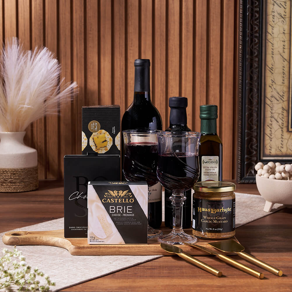 Wine Gift Basket Featuring Brie Cheese, Truffles, and Acacia Wood Board – how the gift is presented