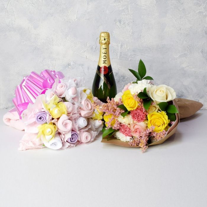 Newborn Baby Girl Gift Basket with Champagne and Fresh Flower Bouquets – how the gift is presented