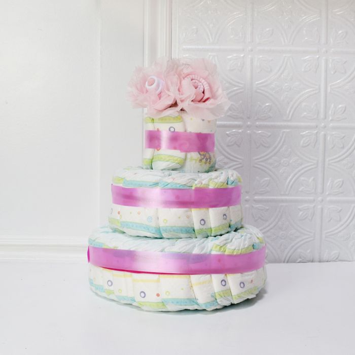 Pink Rose-Accented 3-Tier Diaper Cake for Baby Shower – how the gift is presented