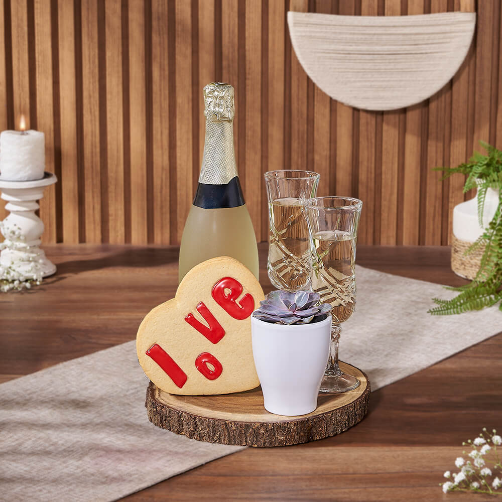 Sparkling Wine Celebration Gift Featuring Live Edge Board and Heart Cookie – how the gift is presented