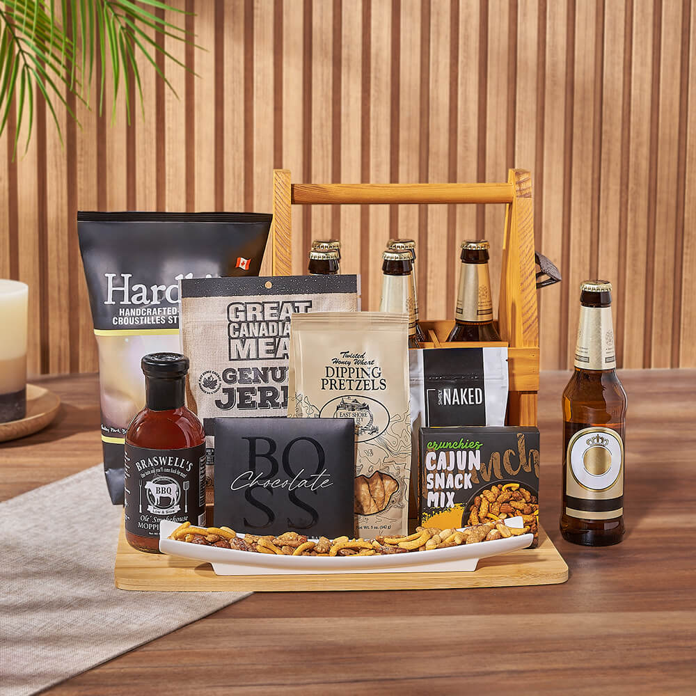 Artisan Beer Gift Basket with Gourmet Snacks and Wooden Carrier – how the gift is presented