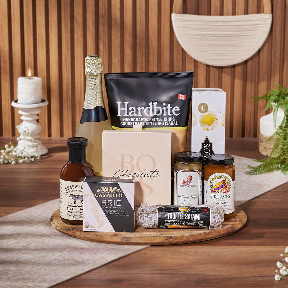 Sparkling Wine Gift Basket Featuring Artisan Cheese, Meats, and Crackers – how the gift is presented