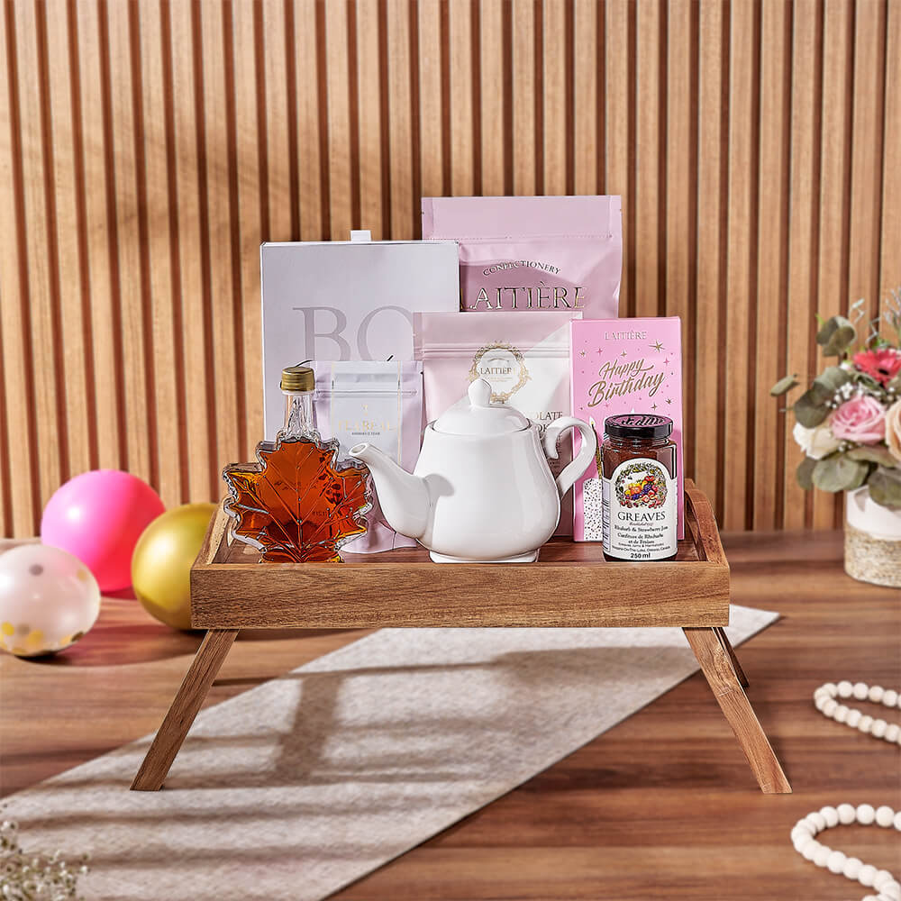 Birthday Bash White Chocolate and Tea Gift Basket in Wooden Bed Tray – how the gift is presented