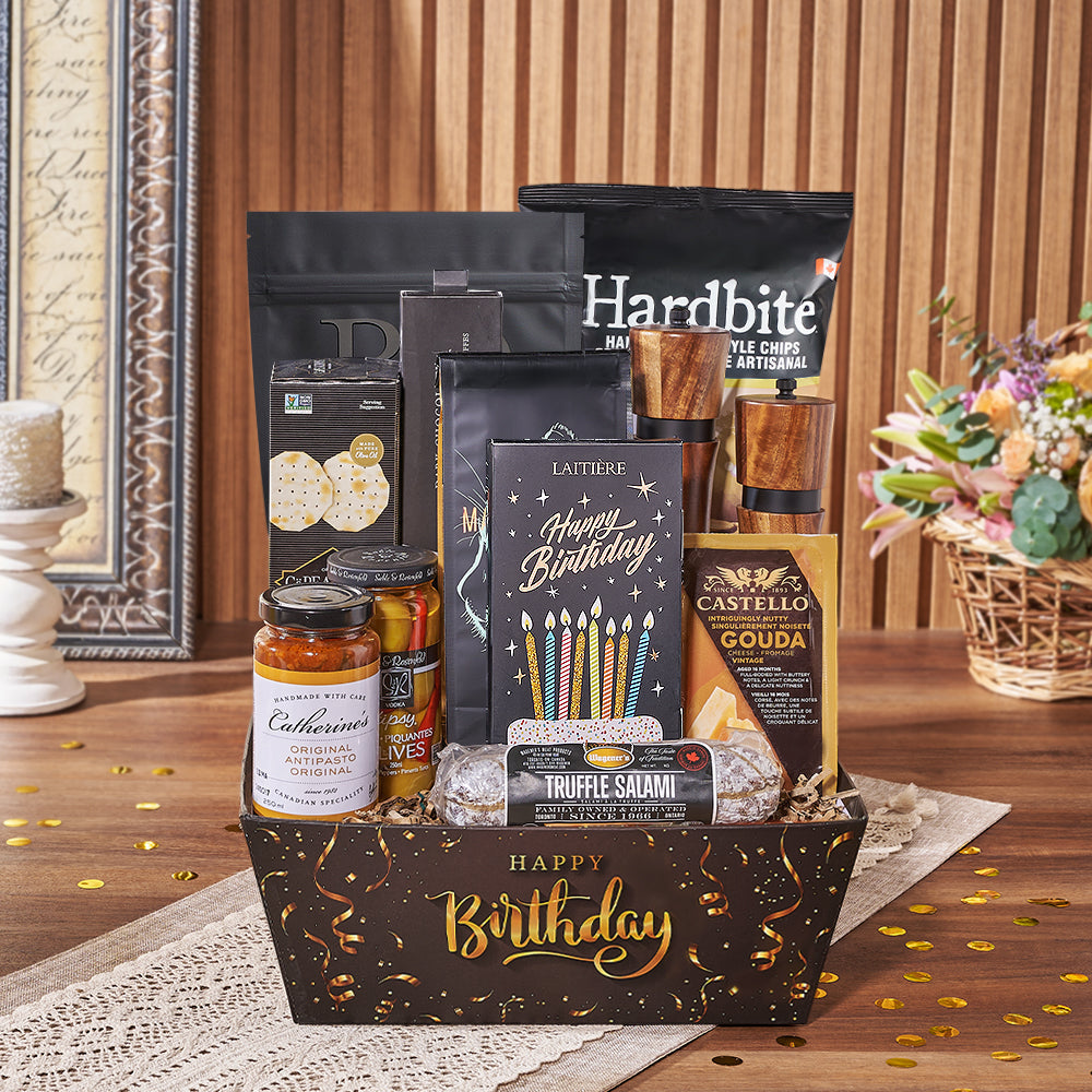 Birthday Celebration Gourmet Gift Basket with Acacia Wood Mills – how the gift is presented