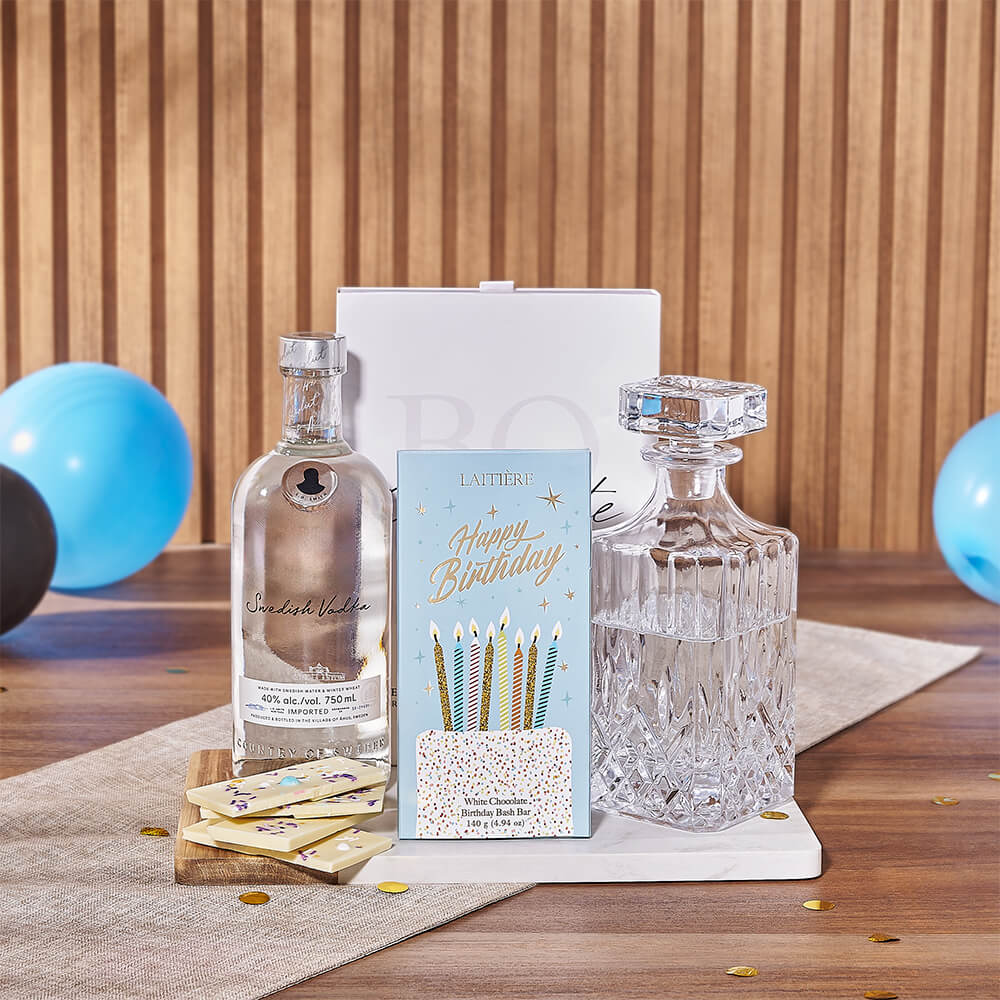Birthday Liquor Gift Set with Decorative Gibson Decanter and Gourmet Chocolates – how the gift is presented