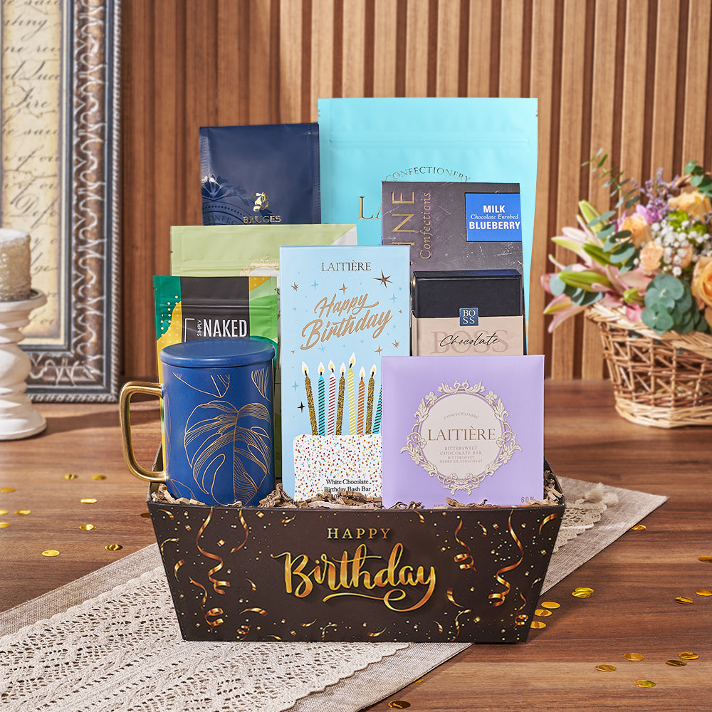 Birthday Coffee and Chocolate Basket – how the gift is presented