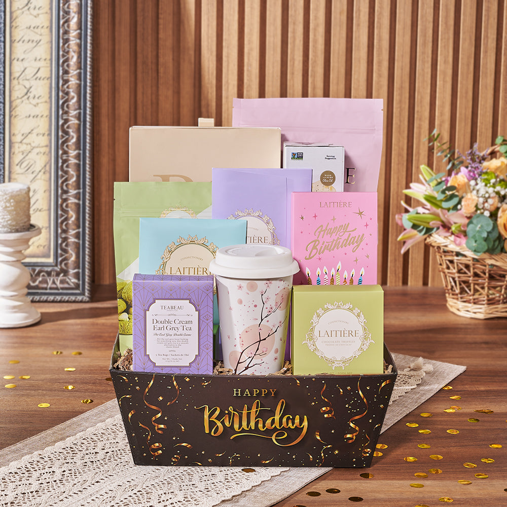 Birthday Gourmet Snack and Tea Gift Basket with Travel Cup – how the gift is presented