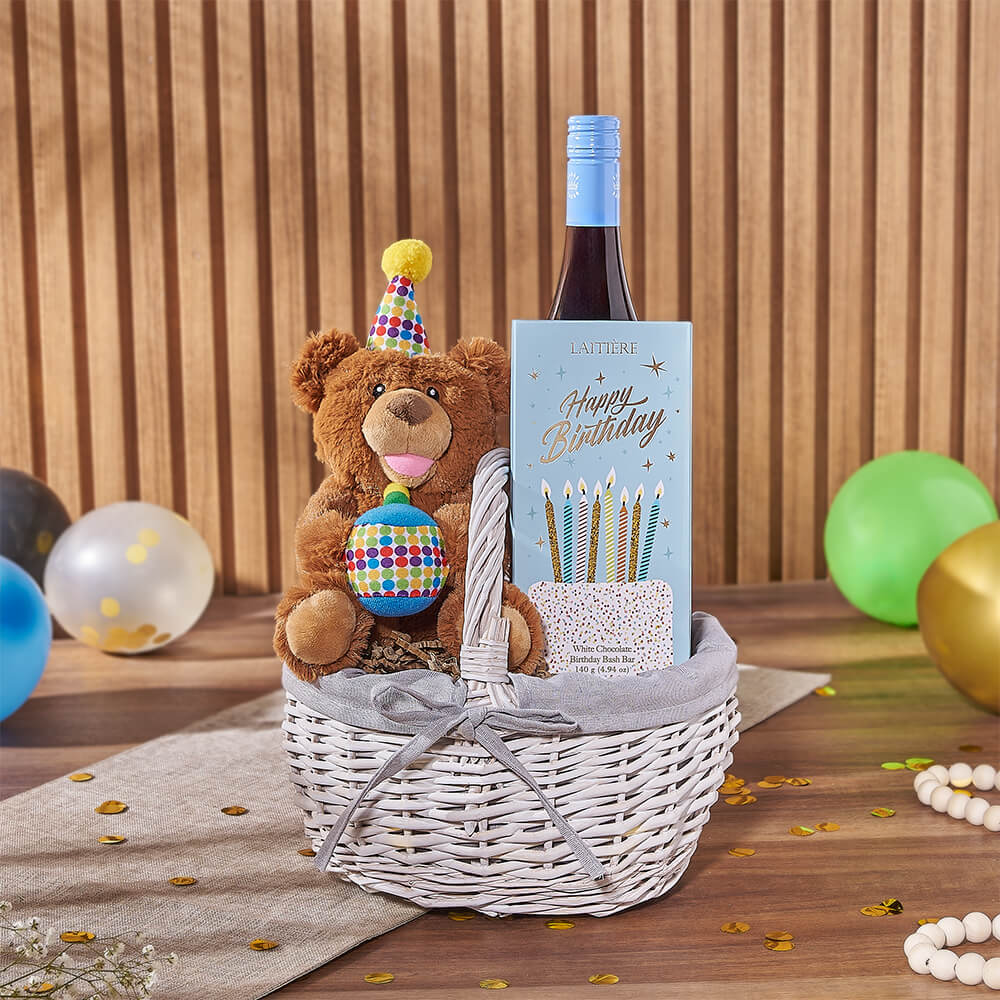 Birthday Wine &amp; Bear Gift Basket, wine gift, wine, birthday gift, birthday, chocolate gift, chocolate, Los Angeles delivery