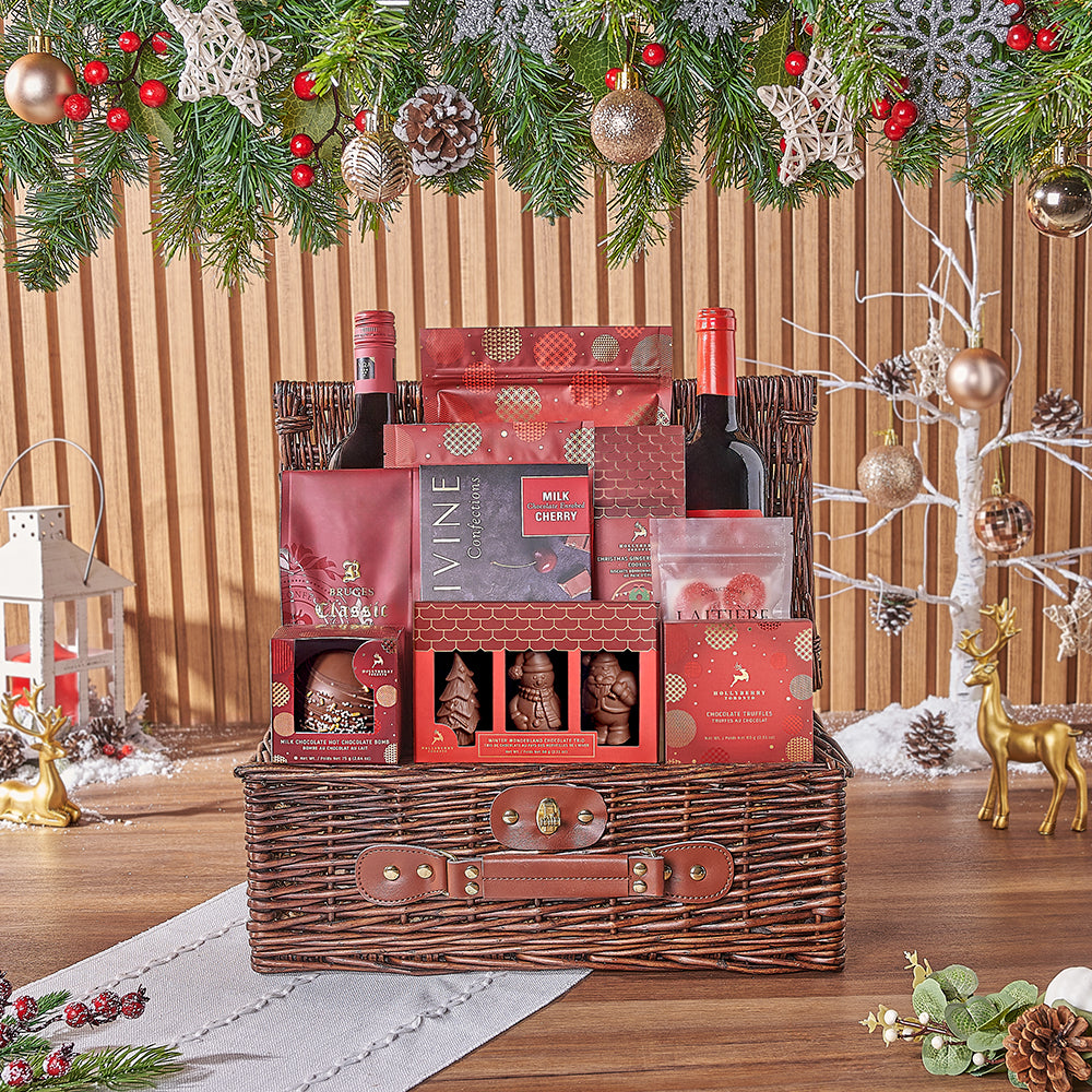 Festive Two-Bottle Wine Gift Basket with Holiday Sweets – how the gift is presented