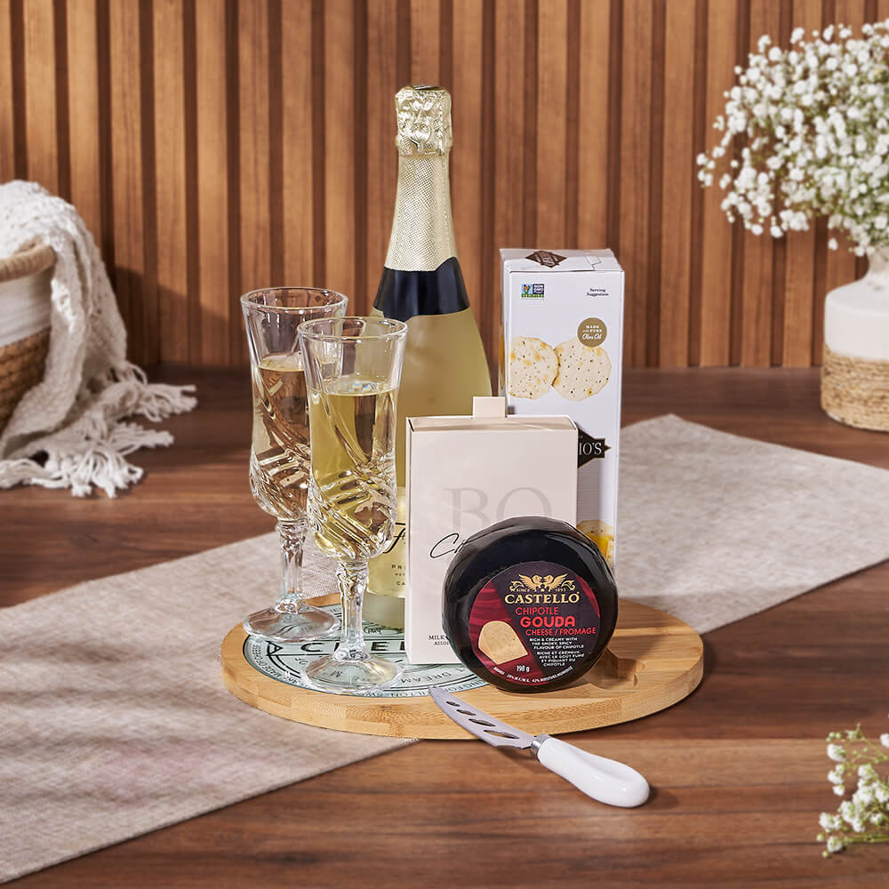 Sparkling Wine Gift Basket with Artisan Cheese Board and Chocolate Truffles – how the gift is presented