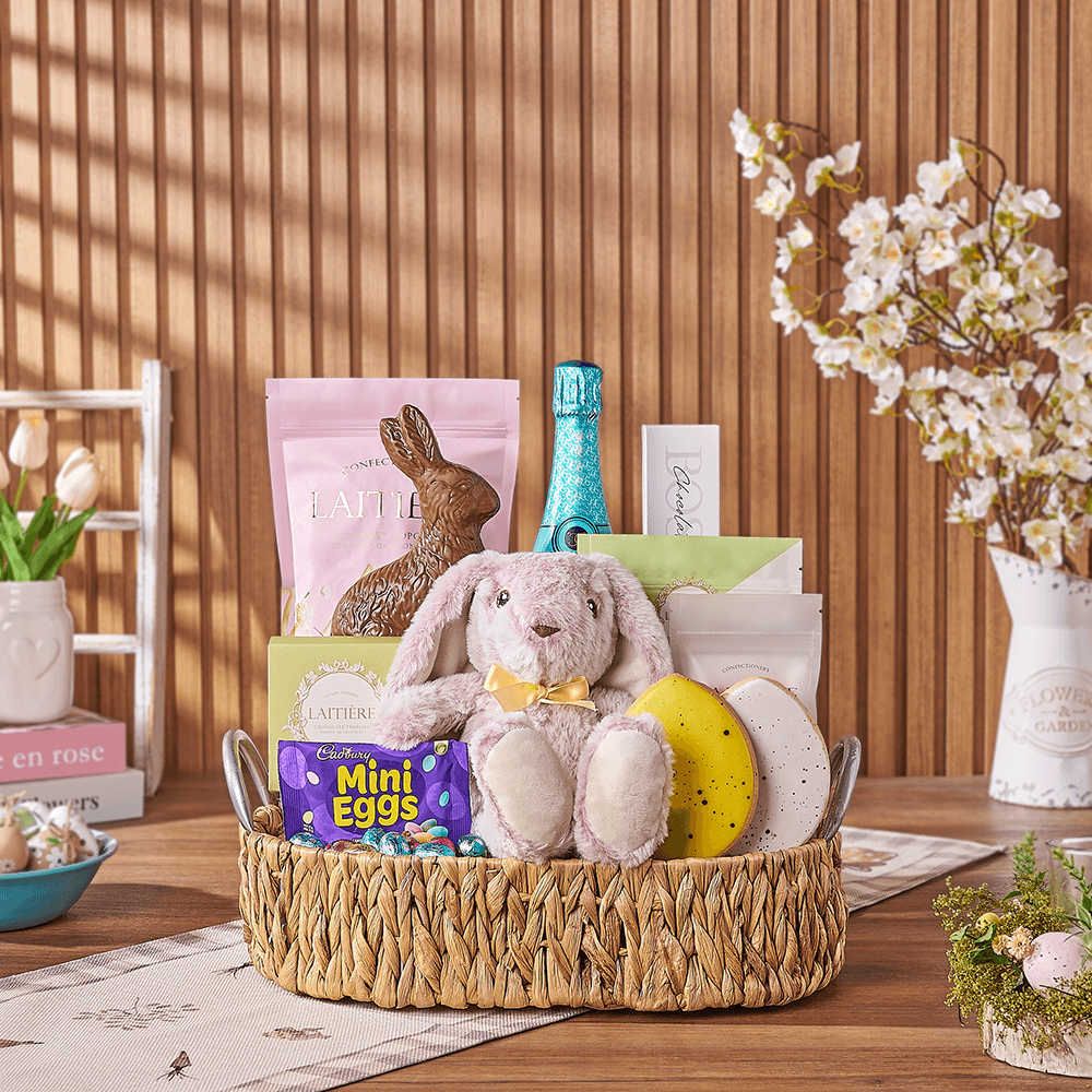 Sparkling Wine and Plush Bunny Gift – how the gift is presented