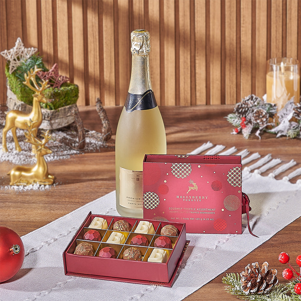 Sparkling Wine Basket with Holiday Truffles – how the gift is presented