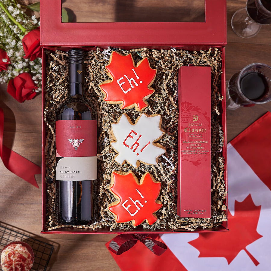 Canada Day Wine Gift Box, canada day gift, canada day, wine gift, wine, chocolate gift, chocolate, cookie gift, cookie, Los Angeles delivery