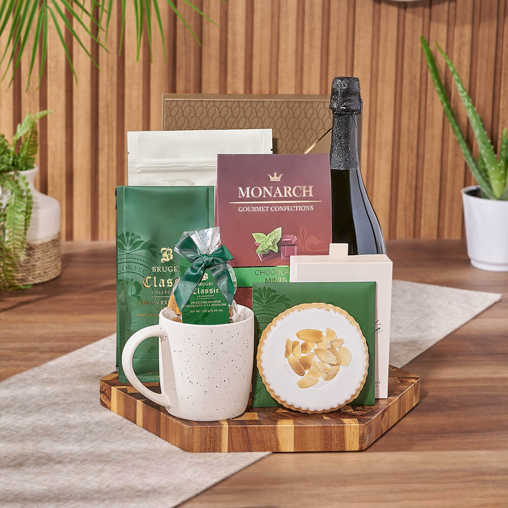Sparkling Wine Gift Basket Featuring Chocolate Coffee Truffles and More – how the gift is presented