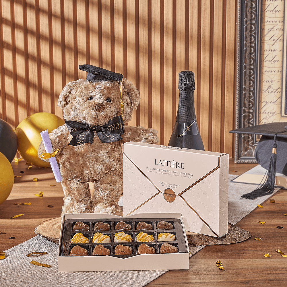 Champagne & Graduate Bear, champagne gift, champagne, sparkling wine gift, sparkling wine, graduation gift, graduation, chocolate gift, chocolate, Los Angeles delivery