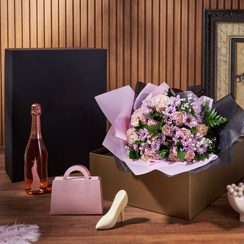 Champagne &amp; Mixed Rose Gift Set, sparkling wine gift, sparkling wine, rose gift, rose, flower gift, flowers, floral gift basket, floral gift, Los Angeles delivery