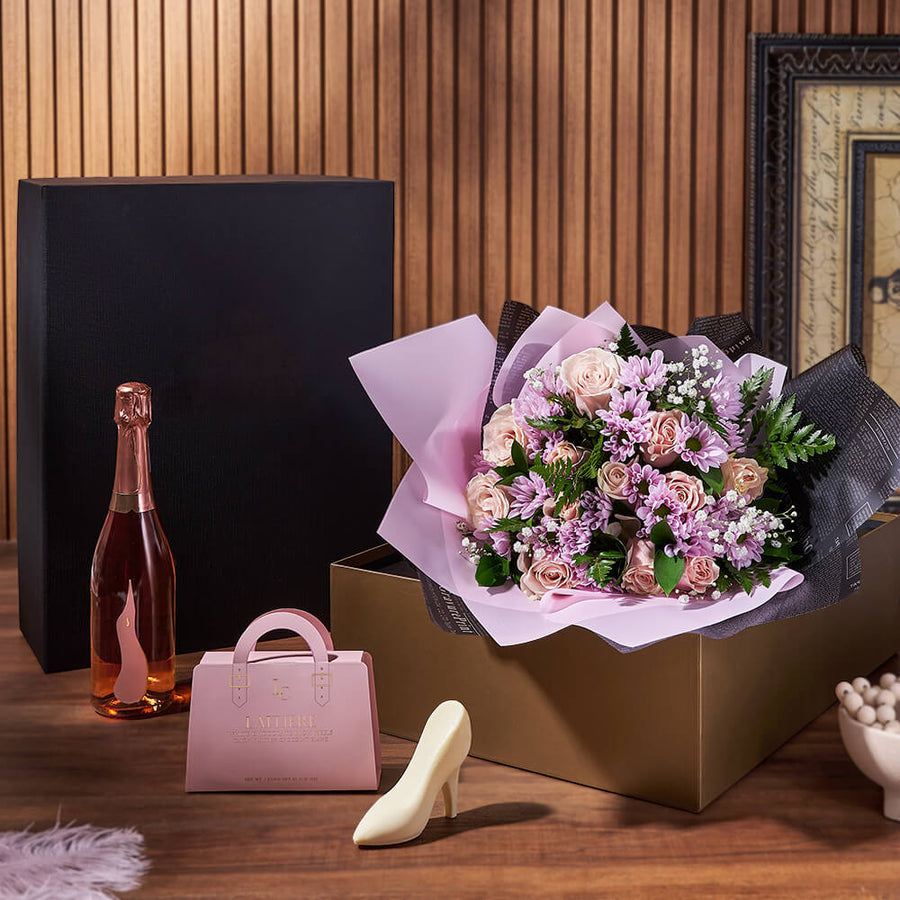 Champagne & Mixed Rose Gift Set, sparkling wine gift, sparkling wine, rose gift, rose, flower gift, flowers, floral gift basket, floral gift, Los Angeles delivery