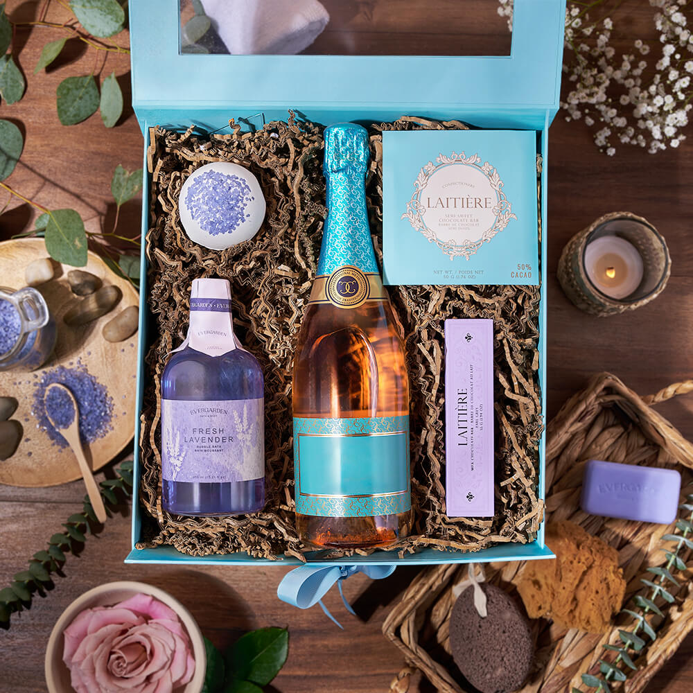Sparkling Wine Gift in Hinged Teal Box with Earl Grey and Semi-Sweet Chocolates – how the gift is presented