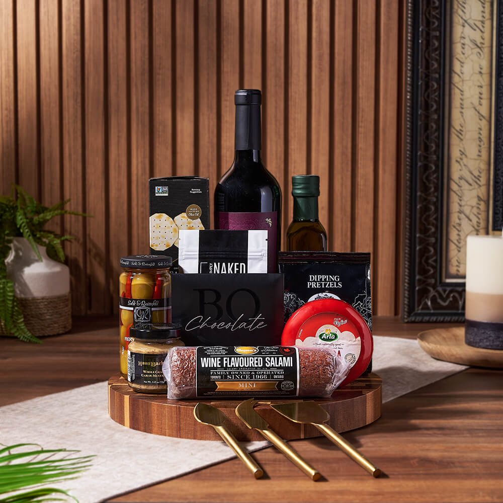 Cheese, Crackers &amp; Wine Gift Basket, wine gift, wine, cheese gift, cheese, charcuterie gift, charcuterie, Los Angeles delivery