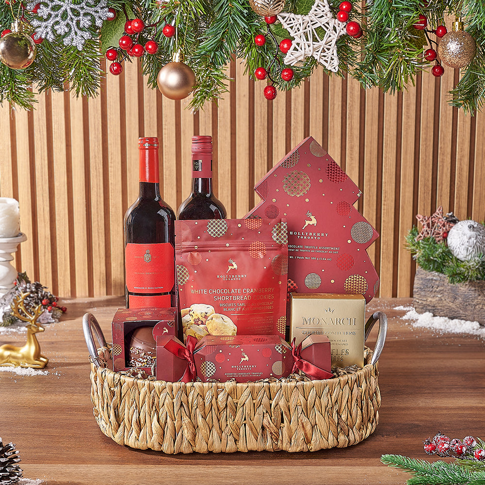 Two-Bottle Wine and Festive Chocolate Basket – how the gift is presented