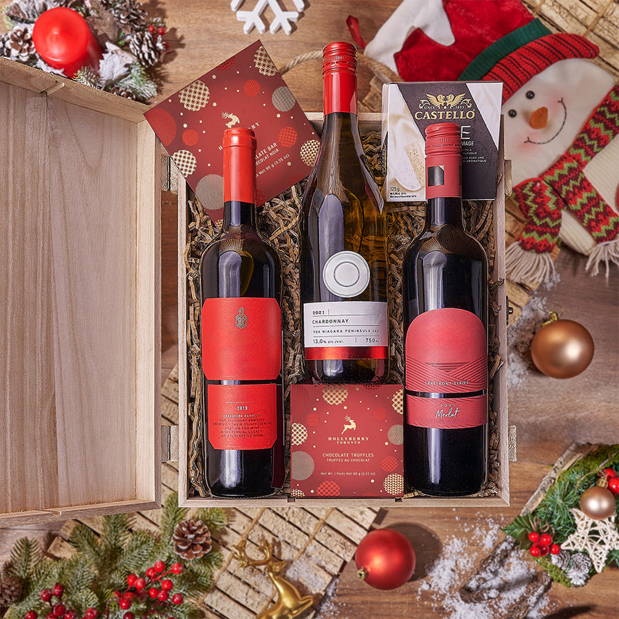 Christmas Wine Trio, wine gift, wine, chocolate gift, chocolate, cheese gift, cheese, Los Angeles delivery