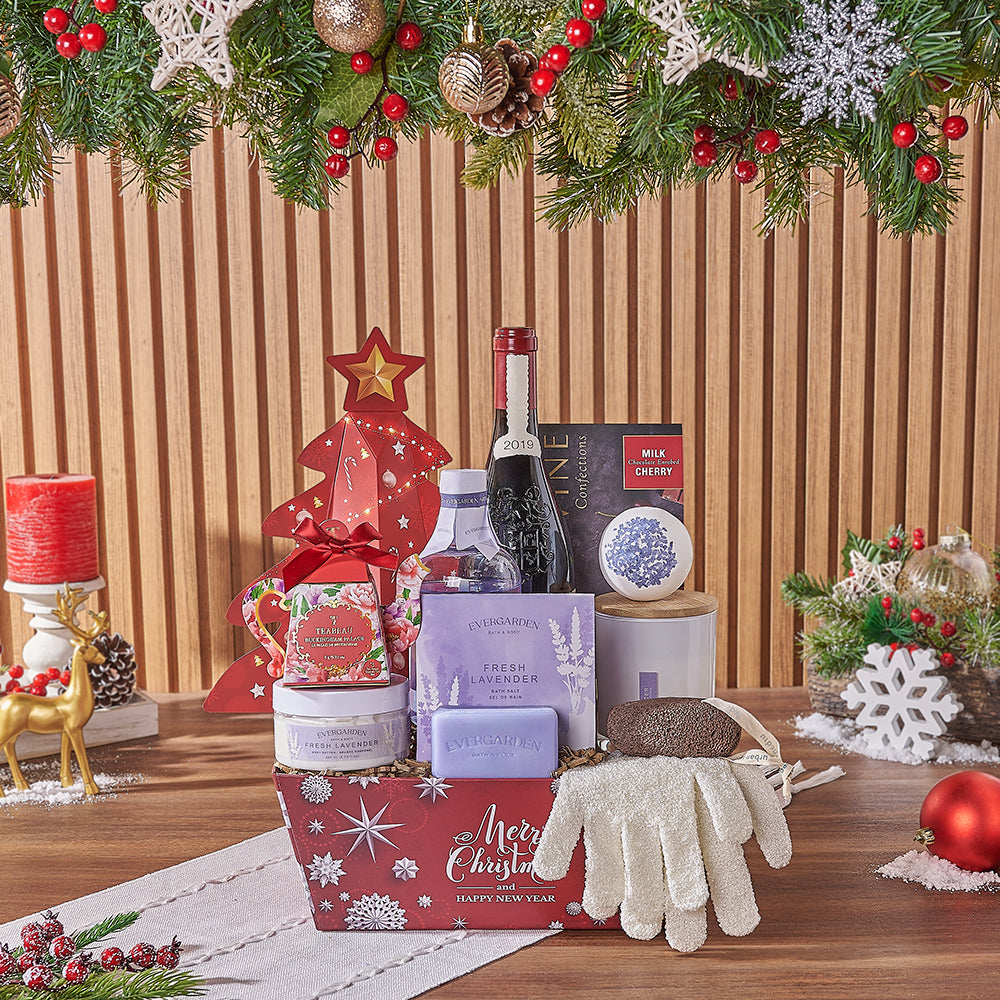 Christmas Wine &amp; Spa Gift Set, wine gift, wine, spa gift, spa, chocolate gift, chocolate, tea gift, tea, Los Angeles  delivery