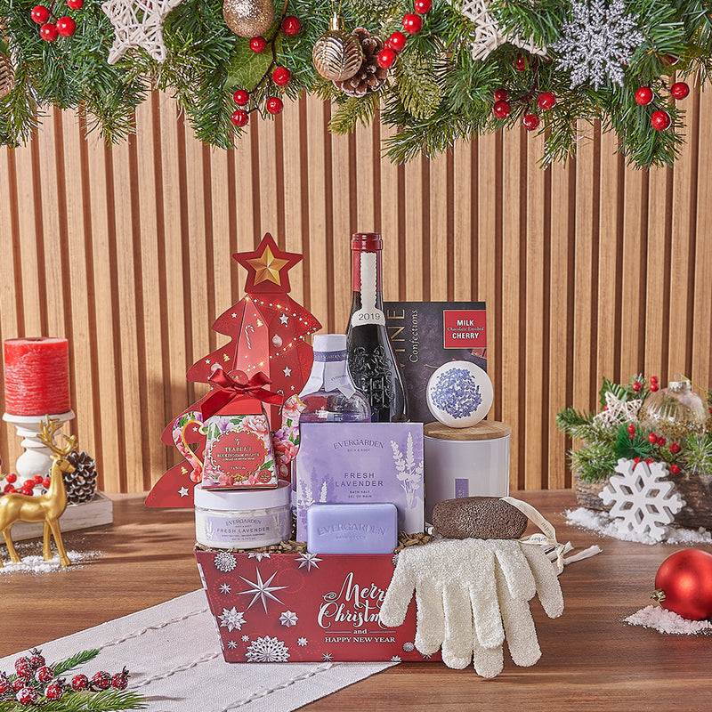 Christmas Wine & Spa Gift Set, wine gift, wine, spa gift, spa, chocolate gift, chocolate, tea gift, tea, Los Angeles  delivery