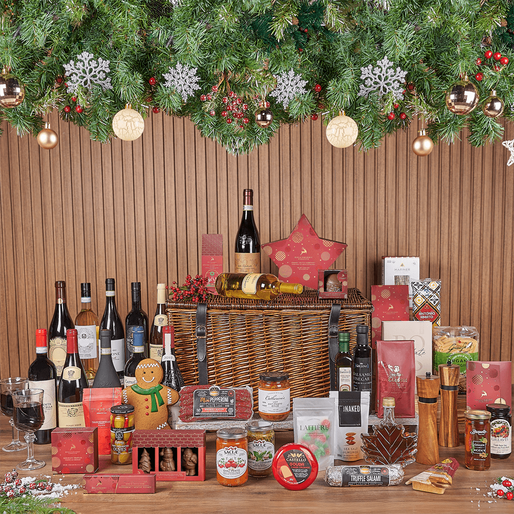 Christmas Wine &amp; Treat Extravaganza Basket, christmas gift, christmas, wine gift, wine, chocolate gift, chocolate, Los Angeles delivery