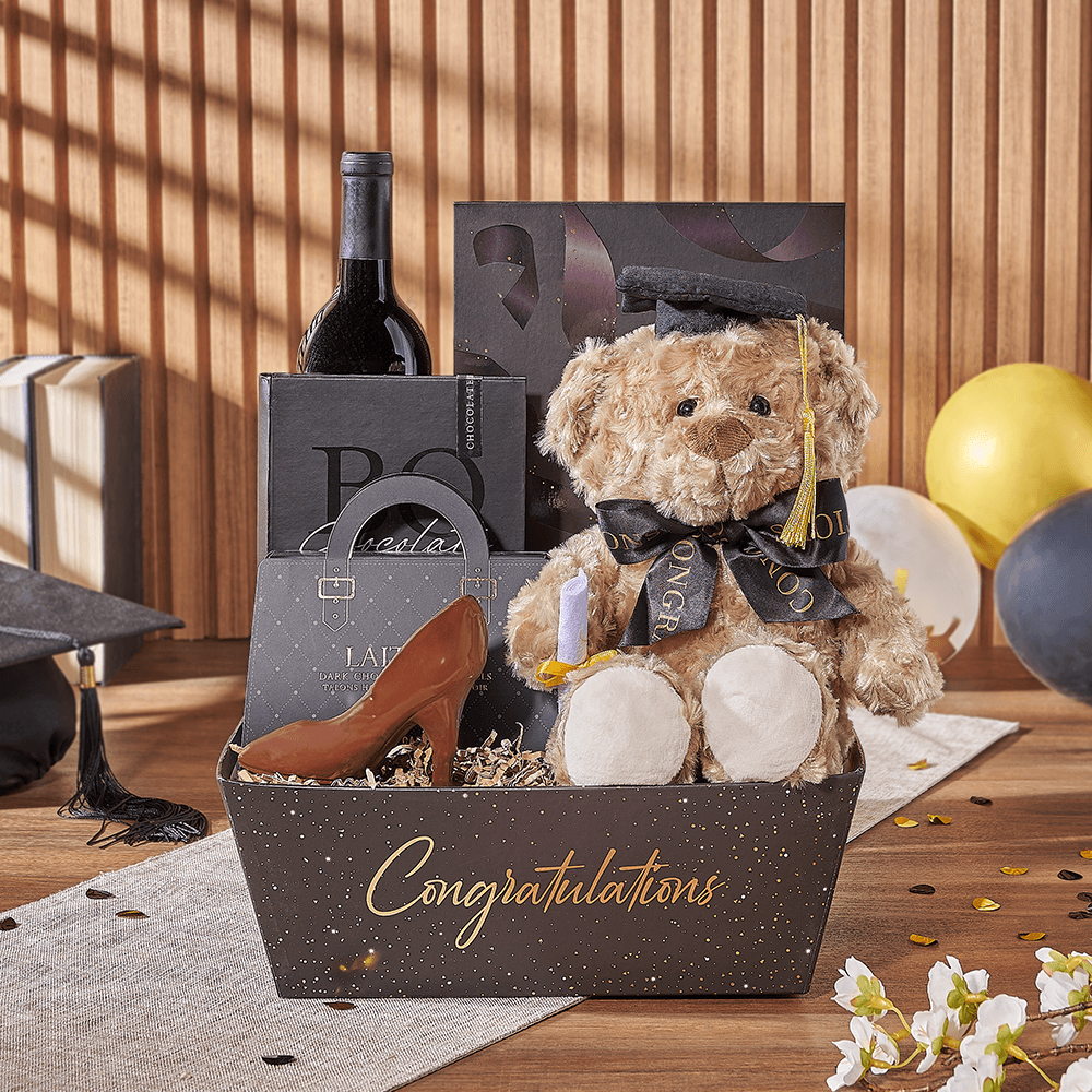 Graduation Wine and Laitière Chocolate Gift Basket – how the gift is presented
