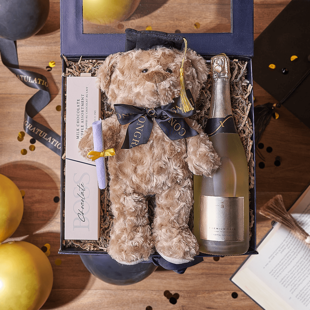 Graduation Gift Box with Sparkling Wine and BOSS Milk Chocolate Truffles – how the gift is presented
