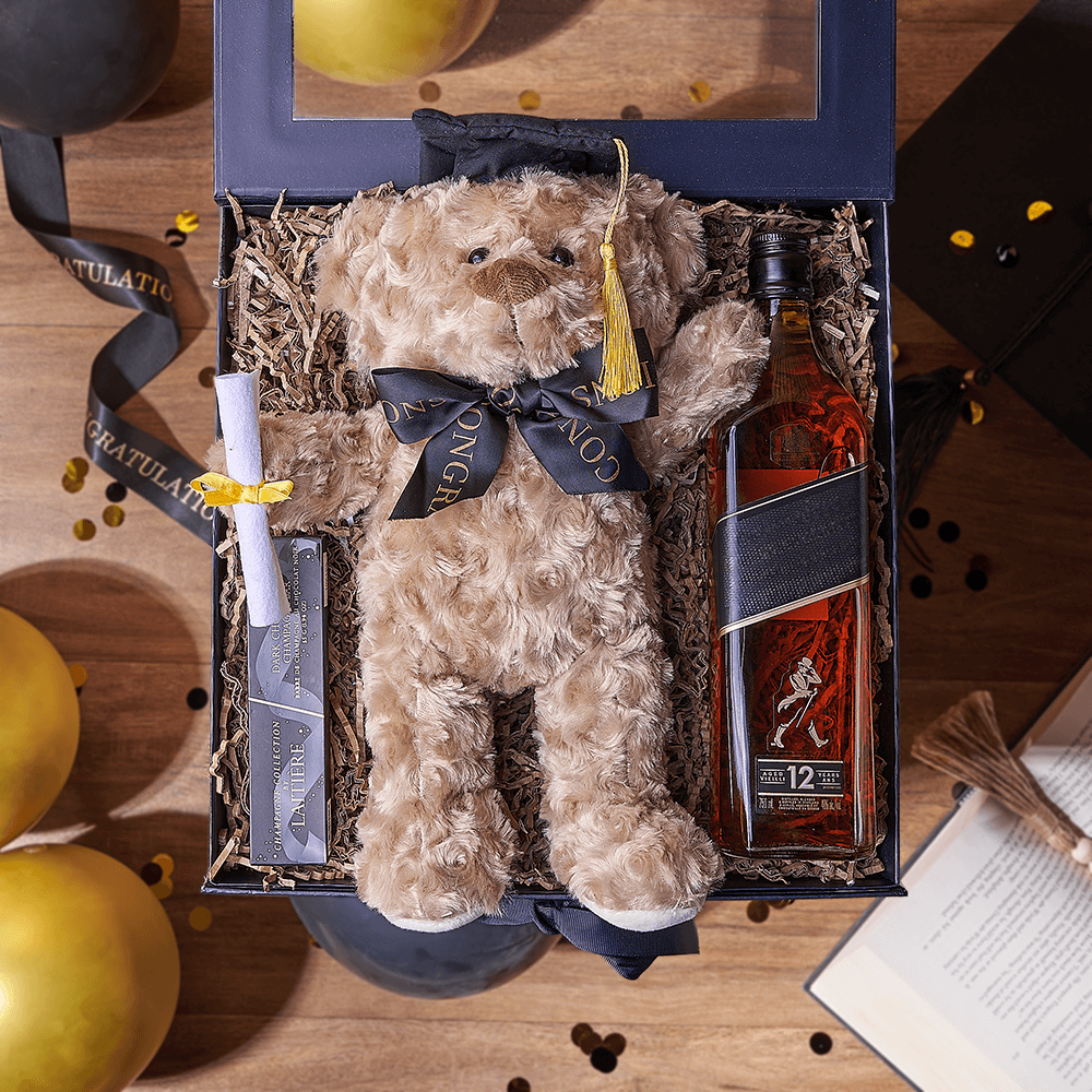 Graduation Whiskey Gift Basket Featuring Plush Teddy Bear and Chocolate – how the gift is presented