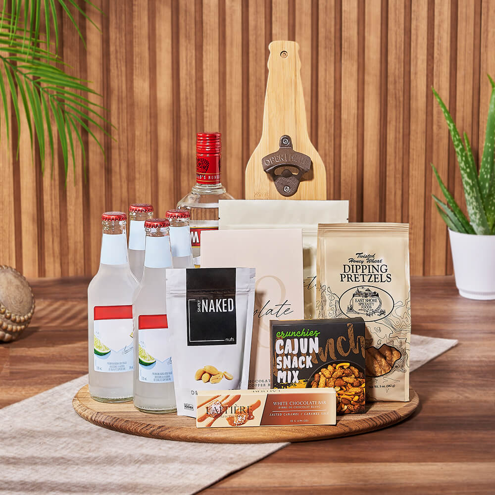 Coolers &amp; Crunch Liquor Basket, liquor gift, liquor, chocolate gift, chocolate, Los Angeles delivery