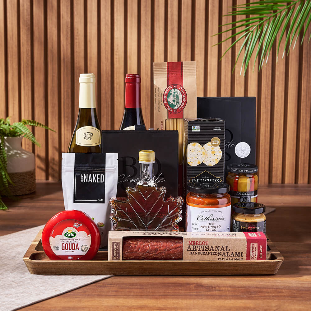 Wine Gift Basket with Gouda Cheese, Maple Syrup, and Dark Chocolate Assortment – how the gift is presented