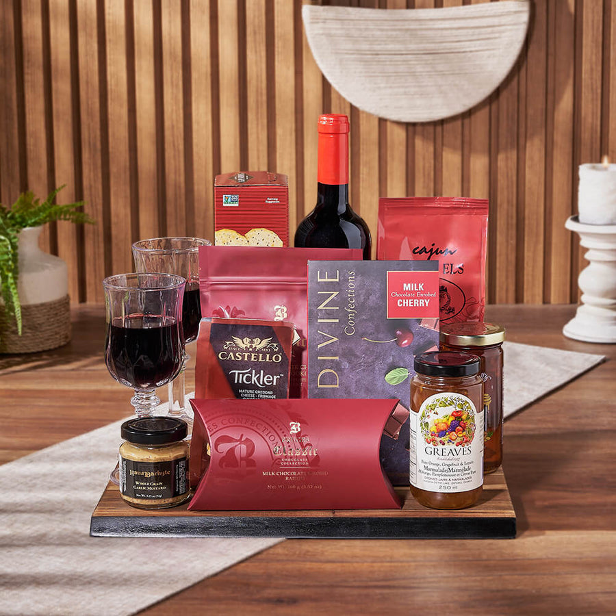 Decadent Wine & Cheese Gift Board, wine gift, wine, chocolate gift, chocolate, snack gift, snack, Los Angeles delivery