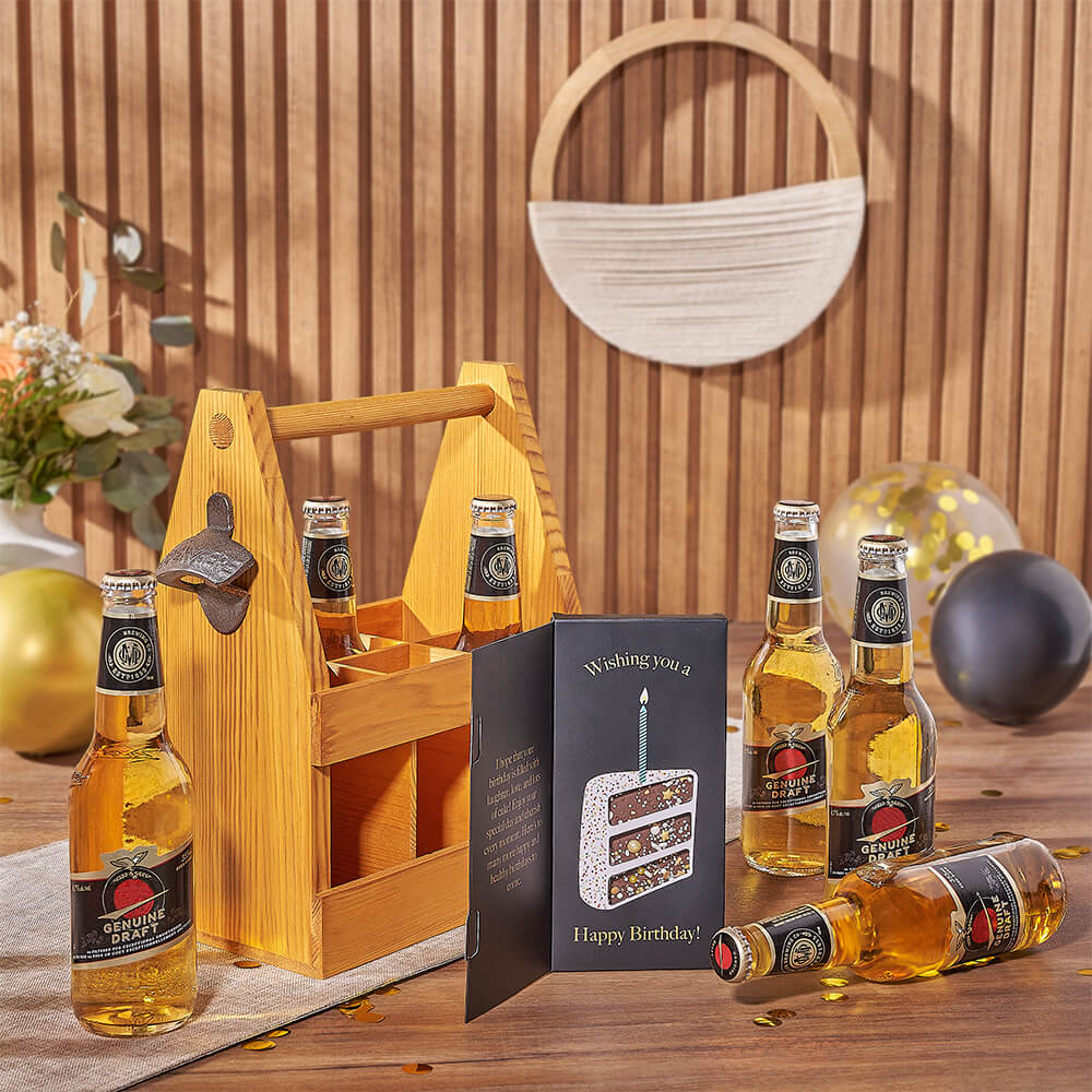 Handcrafted Wooden Beer Carrier with Dark Chocolate Birthday Gift – how the gift is presented