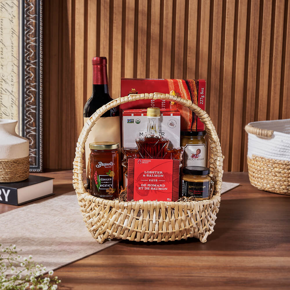 Gourmet Wine Gift Basket with Smoked Pacific Salmon and Crackers – how the gift is presented