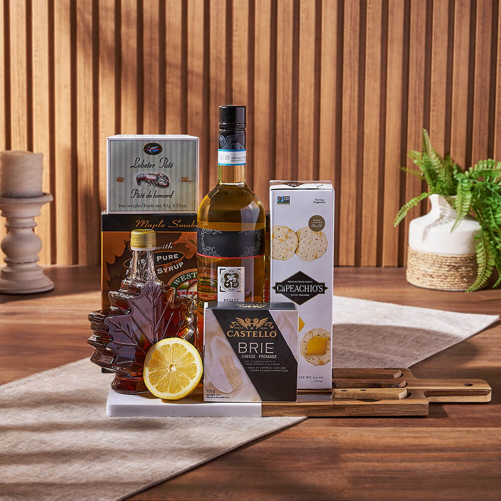 Deluxe Smoked Salmon & Citrus Gift Basket with Wine, wine gift, wine, gourmet gift, gourmet, cheese gift, cheese, cheese board gift, cheese board, Los Angeles delivery