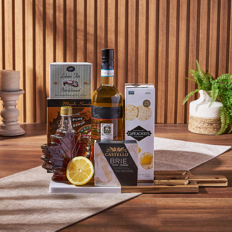 Deluxe Smoked Salmon & Citrus Gift Basket with Wine, wine gift, wine, gourmet gift, gourmet, cheese gift, cheese, cheese board gift, cheese board, Los Angeles delivery