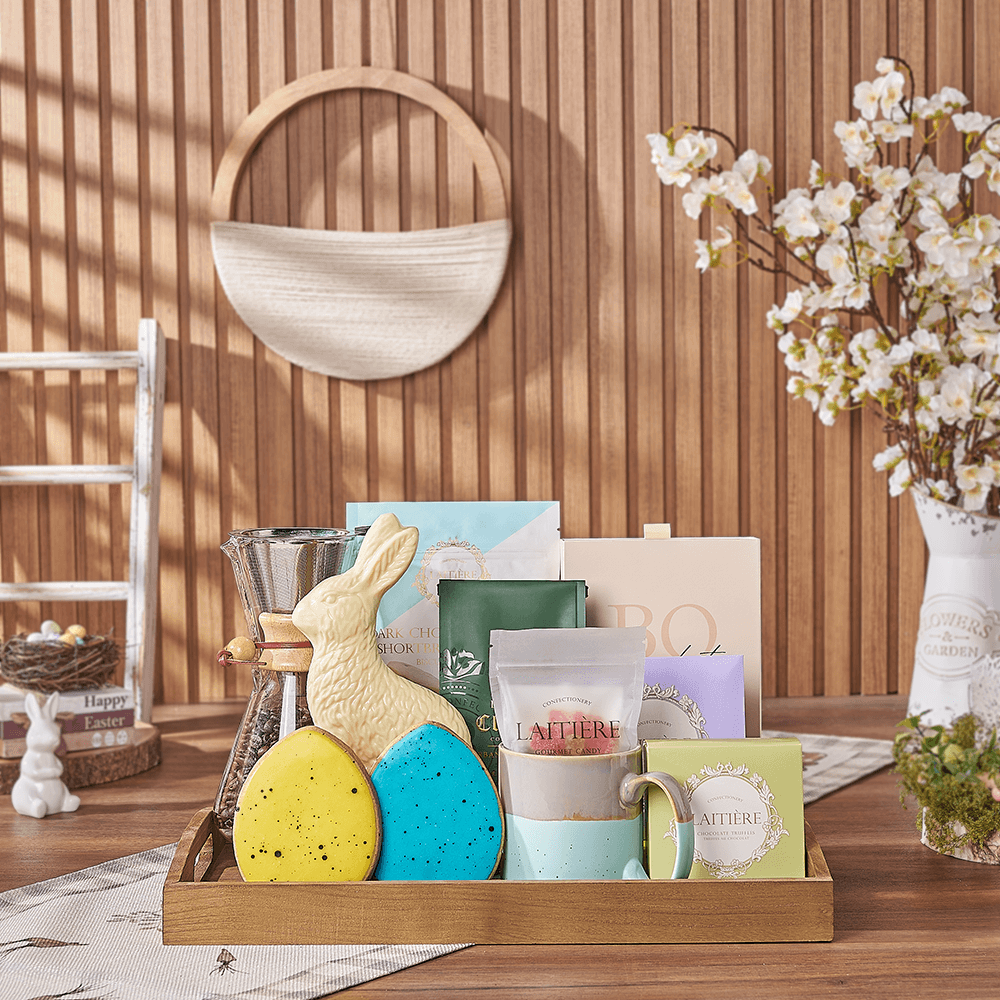 Premium Easter Gourmet Gift Basket with Coffee and Chocolate – how the gift is presented