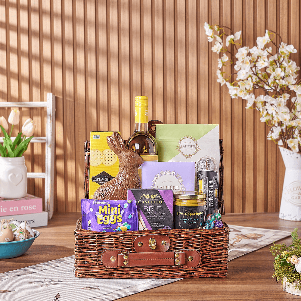 Small Wicker Picnic Basket with Wine and Easter Snacks – how the gift is presented