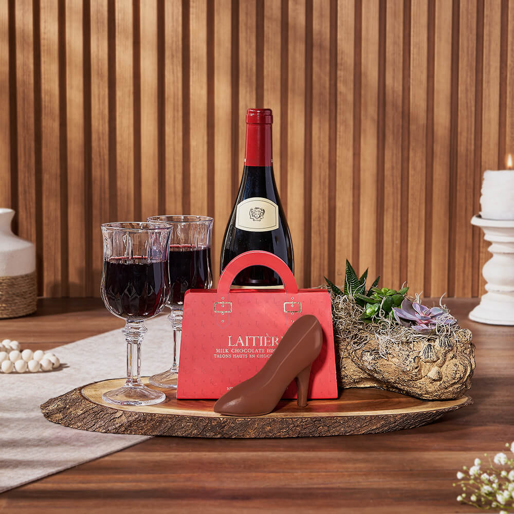 Elegant Wine Gift Basket Featuring Laitière Chocolate and Succulent Garden – how the gift is presented