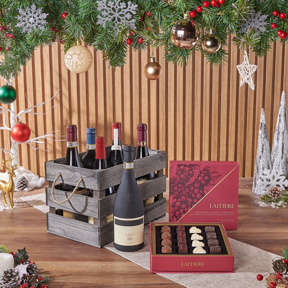 Holiday Wine Gift Basket with Laitière Chocolate Truffles in Rustic Wooden Crate – how the gift is presented